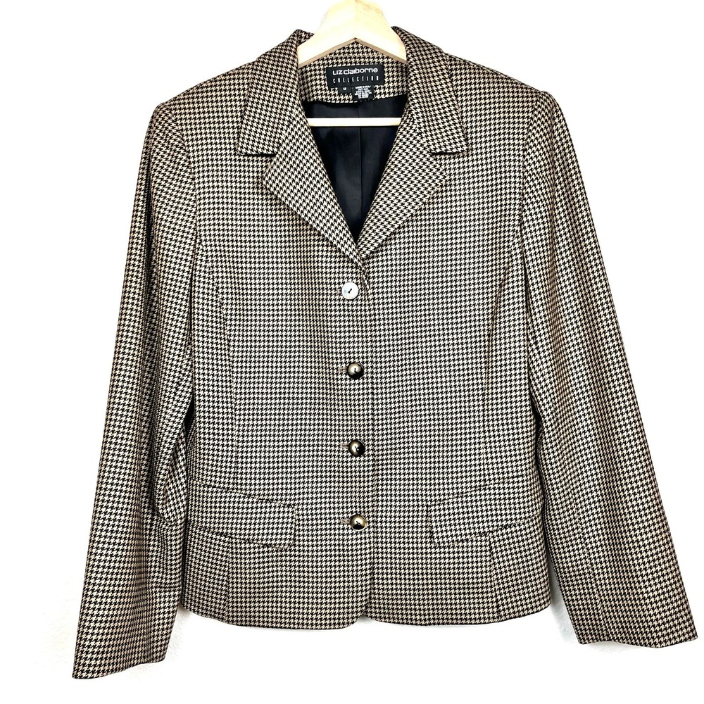 VTG Y2K Liz Claiborne Tan Black Houndstooth Wool Blazer Sz 12 Academia Business